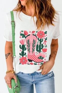 Fashion Dear-Lover Western Boots Flower Print Round Neck T Shirt White