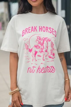 Outlet Dear-Lover Western BREAK HORSES Cowboy Graphic Crewneck T Shirt White