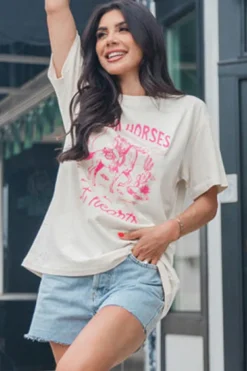 Outlet Dear-Lover Western BREAK HORSES Cowboy Graphic Crewneck T Shirt White