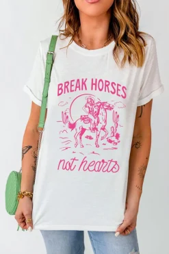 Outlet Dear-Lover Western BREAK HORSES Cowboy Graphic Crewneck T Shirt White