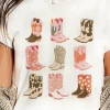 New Dear-Lover Western Cowboy Boots Print Round Neck T Shirt White