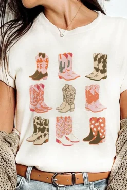 New Dear-Lover Western Cowboy Boots Print Round Neck T Shirt White