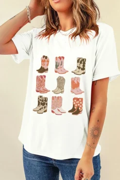 New Dear-Lover Western Cowboy Boots Print Round Neck T Shirt White