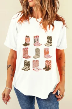 New Dear-Lover Western Cowboy Boots Print Round Neck T Shirt White