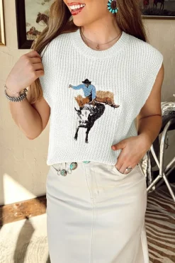 Hot Dear-Lover Western Cowboy Embroidery Round Neck Sleeveless Sweater White