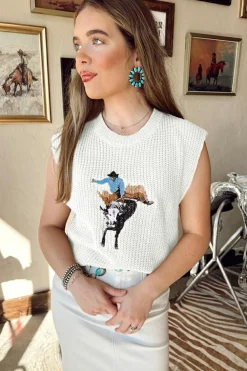 Hot Dear-Lover Western Cowboy Embroidery Round Neck Sleeveless Sweater White