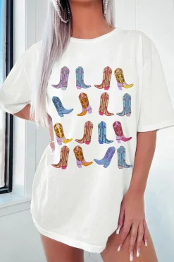 Hot Dear-Lover Western Cowgirl Boots Graphic Crewneck Tunic T Shirt White
