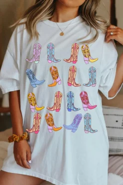 Hot Dear-Lover Western Cowgirl Boots Graphic Crewneck Tunic T Shirt White