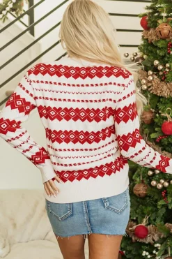 Best Dear-Lover Western Geometric Patterned Crew Neck Loose Sweater White