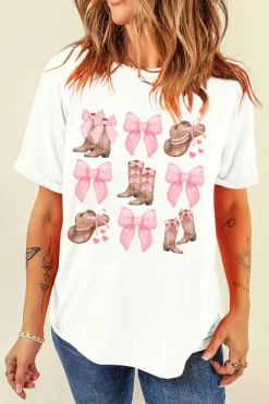 Outlet Dear-Lover Western Hat Boots Bow Knot Casual Graphic T Shirt White