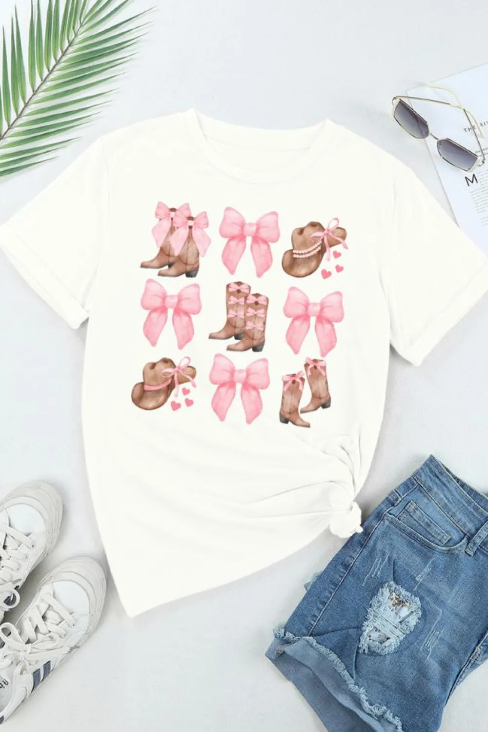Outlet Dear-Lover Western Hat Boots Bow Knot Casual Graphic T Shirt White