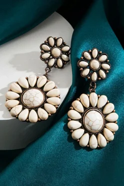 Discount Dear-Lover Western Turquoise Inlay Flower Shape Stud Earrings White