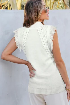 New Dear-Lover Woven Tasseled Sleeveless Mock Neck Sweater Vest White