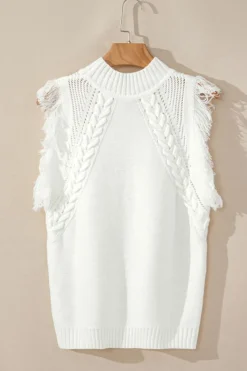 New Dear-Lover Woven Tasseled Sleeveless Mock Neck Sweater Vest White