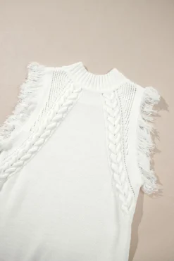 New Dear-Lover Woven Tasseled Sleeveless Mock Neck Sweater Vest White