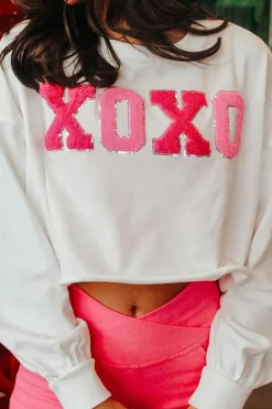 New Dear-Lover XOXO Chenille Letter Graphic Valentine Pullover Sweatshirt White