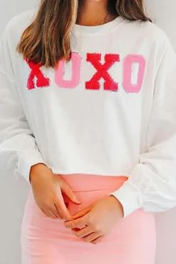 New Dear-Lover XOXO Chenille Letter Graphic Valentine Pullover Sweatshirt White
