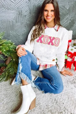 Hot Dear-Lover XOXO Glitter Chenille Cable Knit Pullover Sweatshirt White