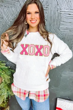 Hot Dear-Lover XOXO Glitter Chenille Cable Knit Pullover Sweatshirt White