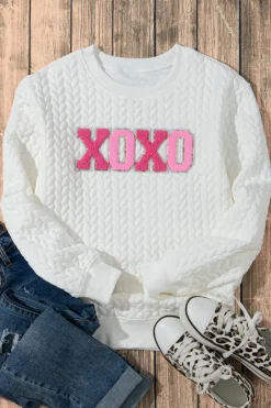 Hot Dear-Lover XOXO Glitter Chenille Cable Knit Pullover Sweatshirt White
