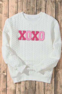 Hot Dear-Lover XOXO Glitter Chenille Cable Knit Pullover Sweatshirt White