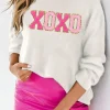 Discount Dear-Lover XOXO Glitter Print Round Neck Casual Sweater White