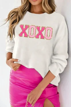Discount Dear-Lover XOXO Glitter Print Round Neck Casual Sweater White