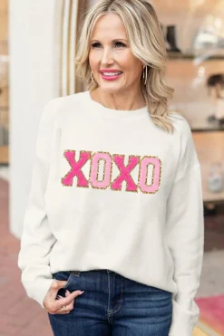 Discount Dear-Lover XOXO Glitter Print Round Neck Casual Sweater White
