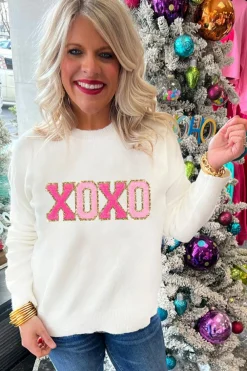 Discount Dear-Lover XOXO Glitter Print Round Neck Casual Sweater White