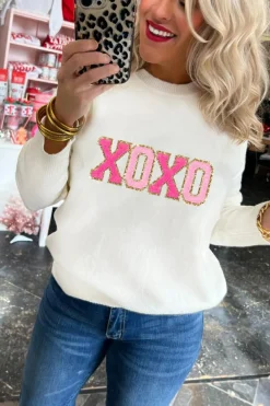 Discount Dear-Lover XOXO Glitter Print Round Neck Casual Sweater White