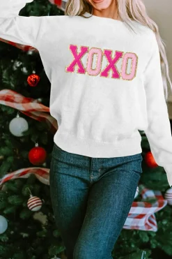 Discount Dear-Lover XOXO Glitter Print Round Neck Casual Sweater White