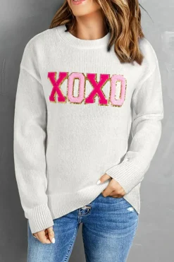 Discount Dear-Lover XOXO Glitter Print Round Neck Casual Sweater White