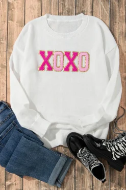 Discount Dear-Lover XOXO Glitter Print Round Neck Casual Sweater White