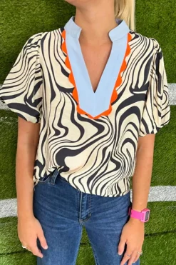 Sale Dear-Lover Zebra Stripe Print Contrast V-Neck Ricrac Detail Short Sleeve Blouse Top White