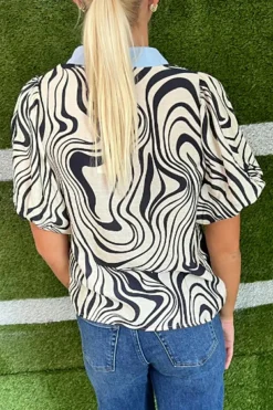 Sale Dear-Lover Zebra Stripe Print Contrast V-Neck Ricrac Detail Short Sleeve Blouse Top White