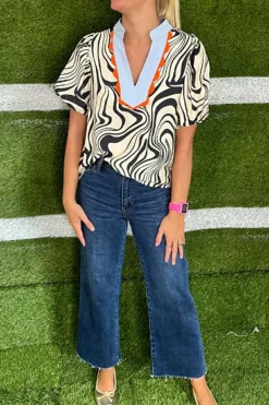 Sale Dear-Lover Zebra Stripe Print Contrast V-Neck Ricrac Detail Short Sleeve Blouse Top White