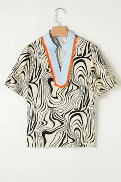 Sale Dear-Lover Zebra Stripe Print Contrast V-Neck Ricrac Detail Short Sleeve Blouse Top White