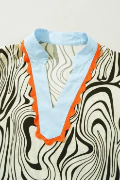 Sale Dear-Lover Zebra Stripe Print Contrast V-Neck Ricrac Detail Short Sleeve Blouse Top White