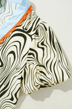 Sale Dear-Lover Zebra Stripe Print Contrast V-Neck Ricrac Detail Short Sleeve Blouse Top White