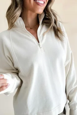 Online Dear-Lover Zipped Neck Pullover Drop Shoulder Sweatshirt White