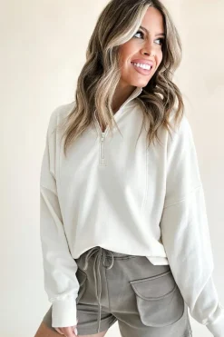 Online Dear-Lover Zipped Neck Pullover Drop Shoulder Sweatshirt White