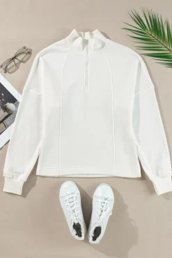 Online Dear-Lover Zipped Neck Pullover Drop Shoulder Sweatshirt White