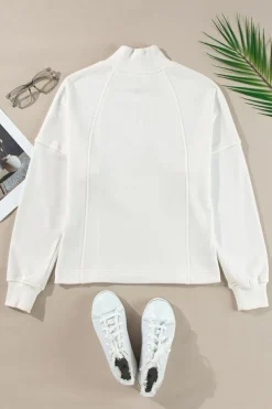 Online Dear-Lover Zipped Neck Pullover Drop Shoulder Sweatshirt White