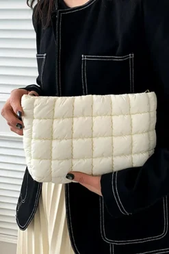 Fashion Dear-Lover Zipper Quilted Puffer Cosmetic Bag White