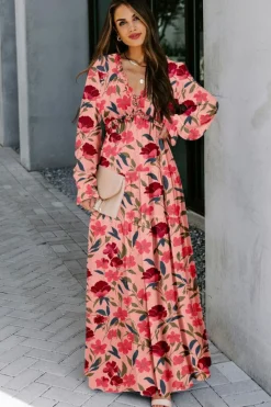 Sale Dear-Lover Wild Lotus Ruffle Tiered Maxi Dress Fiery Red