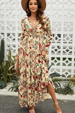 Outlet Dear-Lover Wild Lotus Ruffle Tiered Maxi Dress Apricot