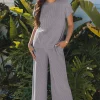 Fashion Dear-Lover Solid Corded Knit Short Sleeve T Shirt and Wide Leg Pants Set Wild Wind
