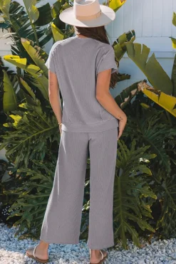Fashion Dear-Lover Solid Corded Knit Short Sleeve T Shirt and Wide Leg Pants Set Wild Wind