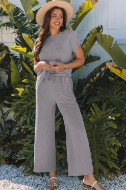 Fashion Dear-Lover Solid Corded Knit Short Sleeve T Shirt and Wide Leg Pants Set Wild Wind