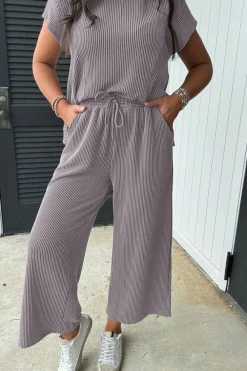 Fashion Dear-Lover Solid Corded Knit Short Sleeve T Shirt and Wide Leg Pants Set Wild Wind